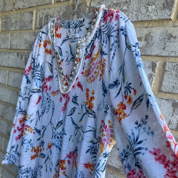 Chico's 3/4 Sleeve Embellished V-Neck 100% Linen Tunic Blouse Women's Size 2 (L) - Picture 6 of 8